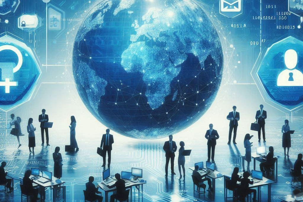 Many people working together below a globe of the Earth.