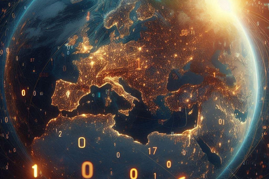 The earth, oriented over western Europe, with radiating 1s and 0s.